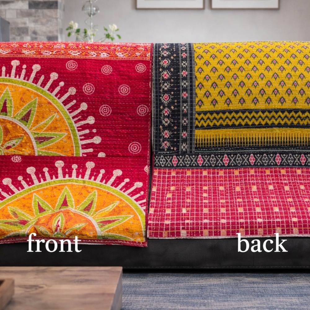Kantha Half Sunburst /mustard Vintage Throw/Quilt handmade India